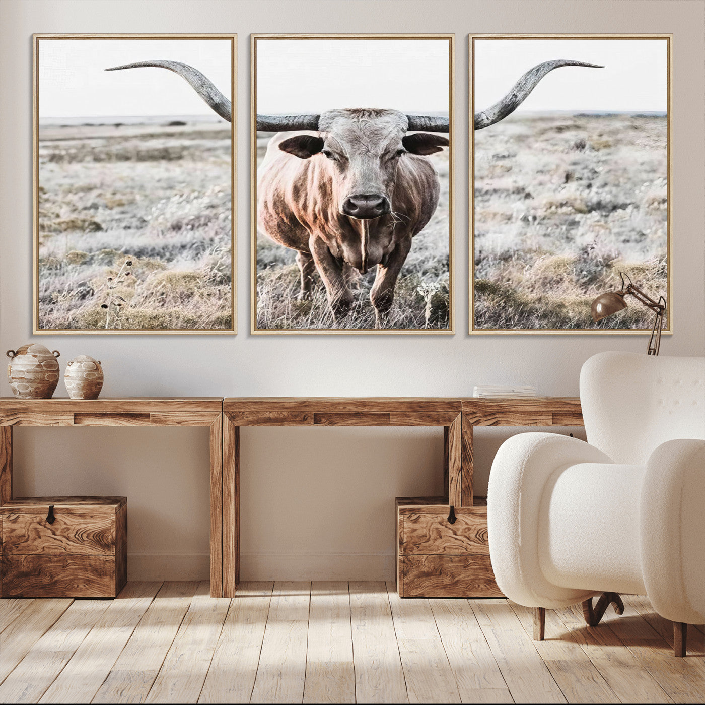 26121-MGV-FC-60X30-3P_Natural-Rustic Texas Longhorn Wall Art Canvas Print | Western Farmhouse Decor for Living Room or Office,