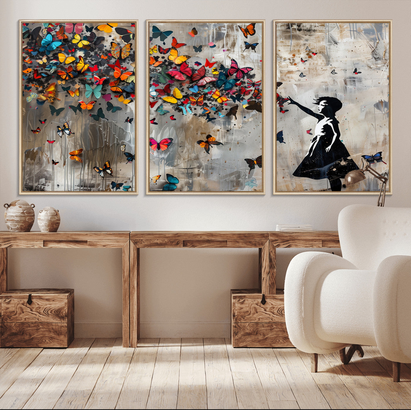 MGV-FC-60X30-3P - Banksy Wall Art - Banksy Girl and Butterfly Explosion Wall Art Canvas Print | Girl with Butterflies