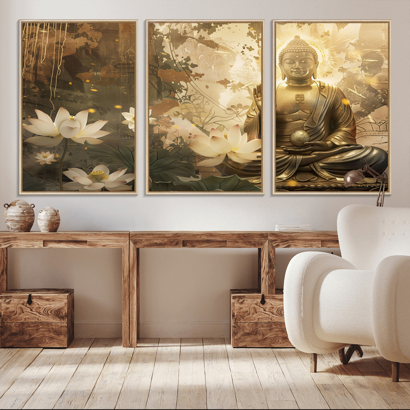 MGV-FC-60X30-3P - Zen Buddha Wall Art Canvas Print | Peaceful Meditation Decor with Lotus Flowers | Spiritual Serenity