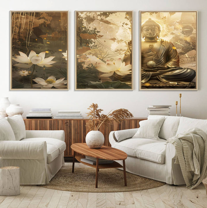 The living room features the Zen Buddha Wall Art Canvas Print with lotus flowers.