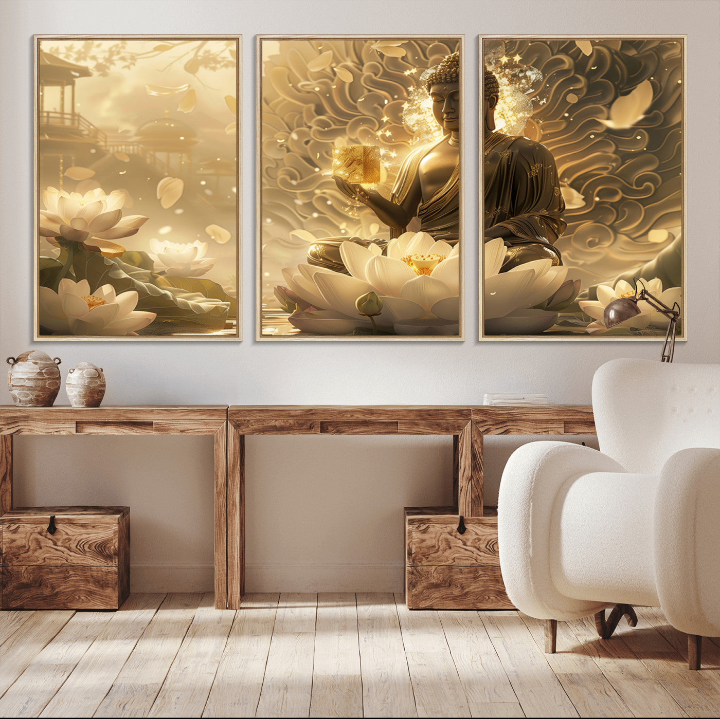 MGV-FC-60X30-3P - Golden Buddha Wall Art | Yoga Room Decor and Meditation Room Wall Art | Framed and Ready to Hang
