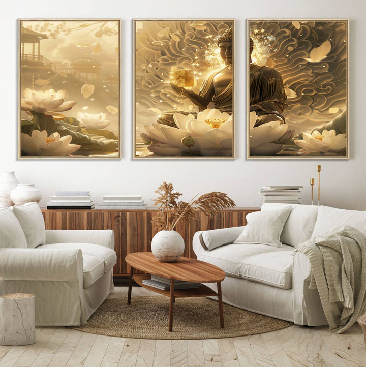 A framed Golden Buddha Wall Art with lotus flowers, ideal for meditation rooms, is beautifully displayed.