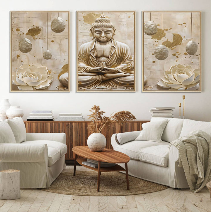 A modern Serene Buddha Wall Art, enhanced by lotus flowers, creates a tranquil atmosphere.