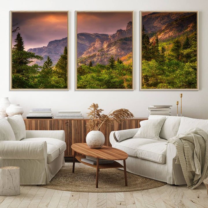 The Colorado Rockies Mountains wall art canvas print at sunset is displayed prominently.