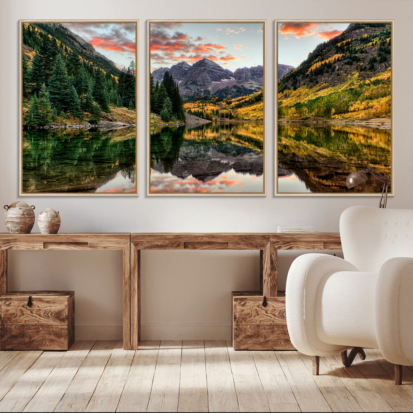 MGV-FC-60X30-3P - Maroon Bells Wall Art - Scenic Canvas Print of Maroon Bells in Autumn for Elegant Home or Office