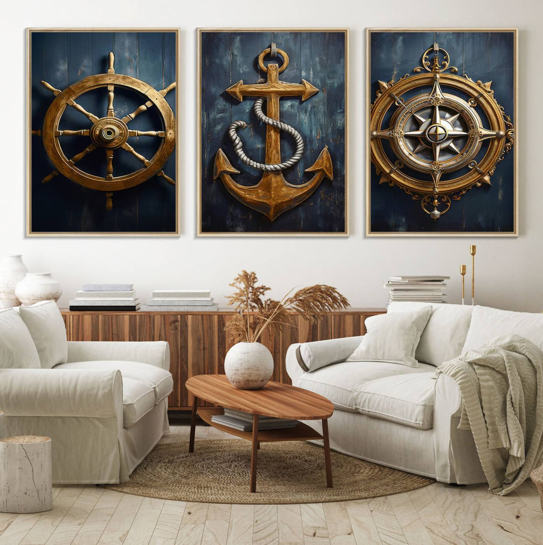 Boat Anchor Compass With Rope Wall Art: A nautical-themed canvas print.