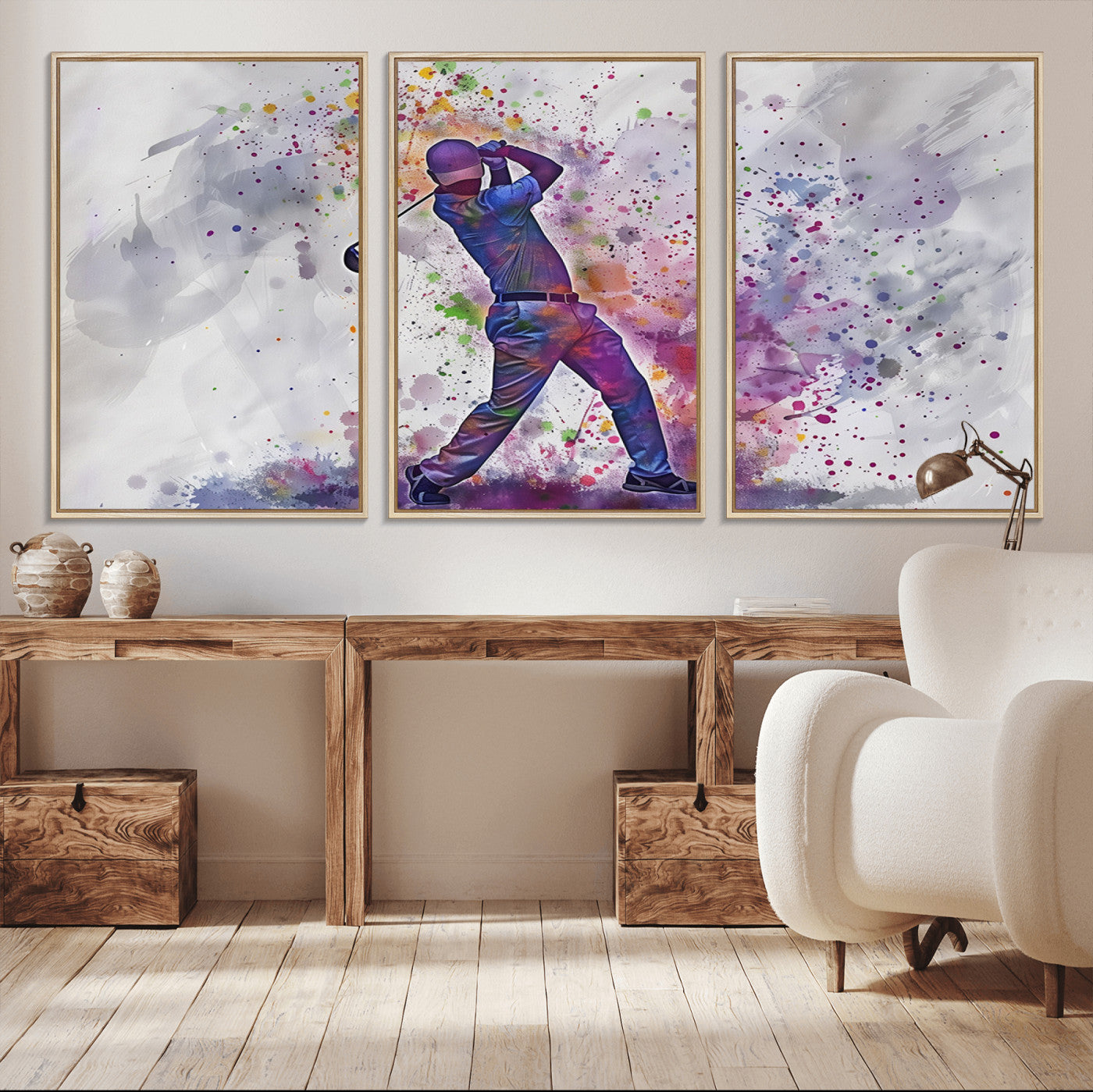 60116-MGV-CV-36X24-Watercolor Golf Swing Wall Art Canvas Print | Vibrant Abstract Golf Player Silhouette |
