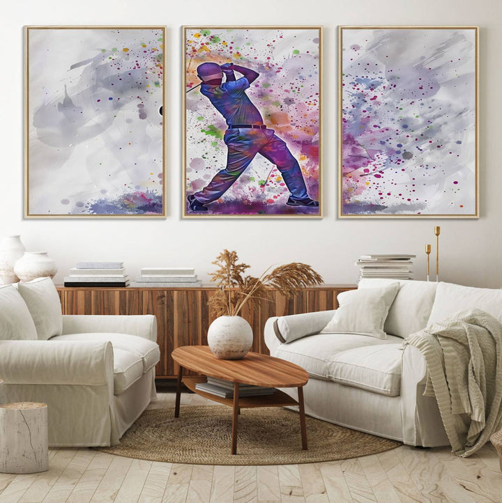 Vibrant abstract silhouette of a golf swing on white with multicolored splatters. Perfect for enthusiasts!.