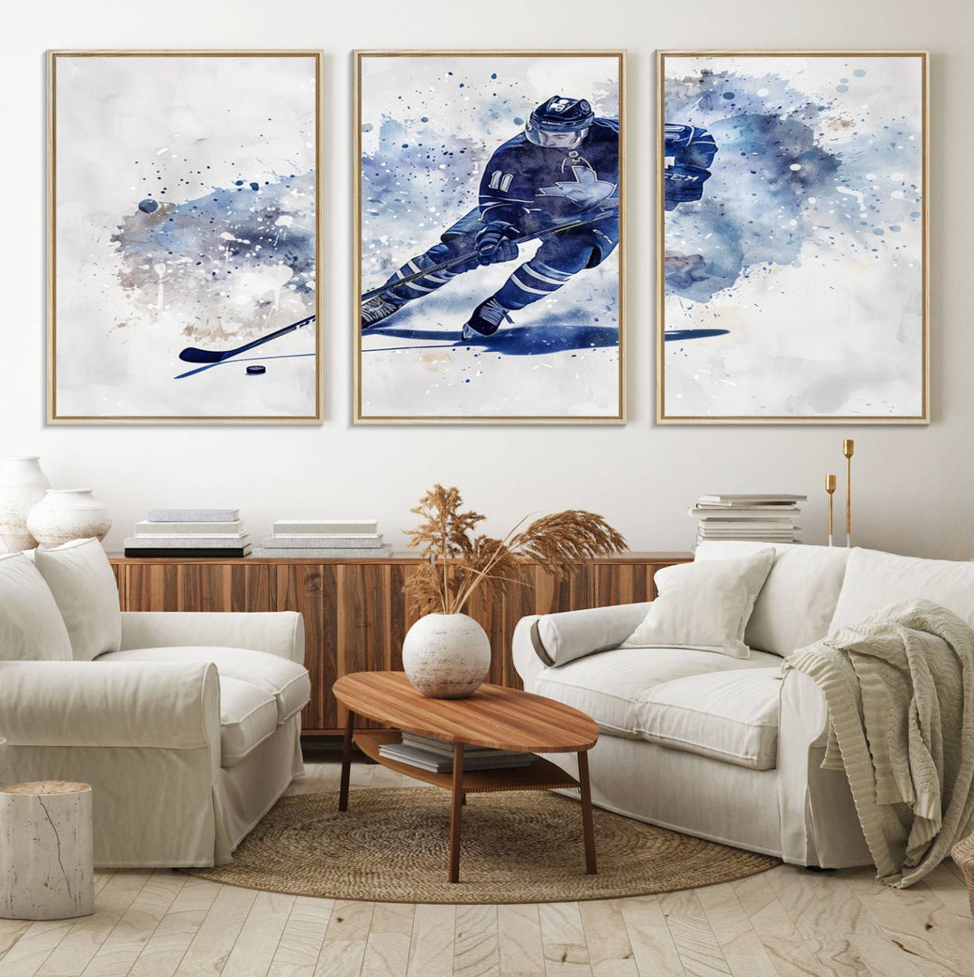 Vibrant Hockey Player Wall Art Display: Blue watercolor print.