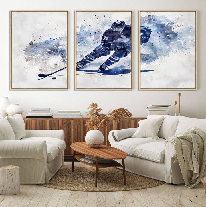 Vibrant Hockey Player Wall Art Display: Blue watercolor print.