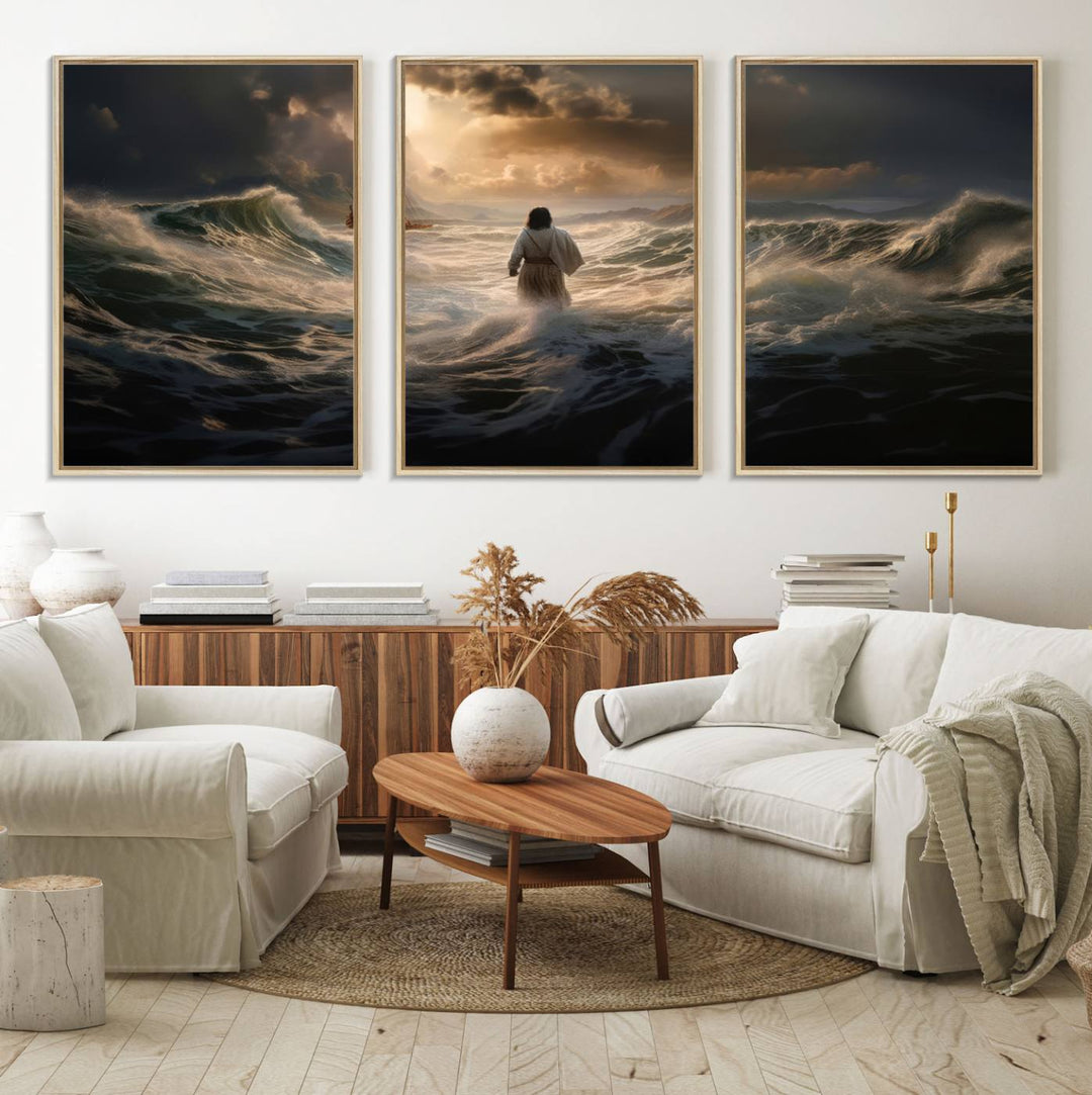 The wall art canvas print depicts a person in white striding on stormy ocean waves towards a sailboat under dramatic skies.