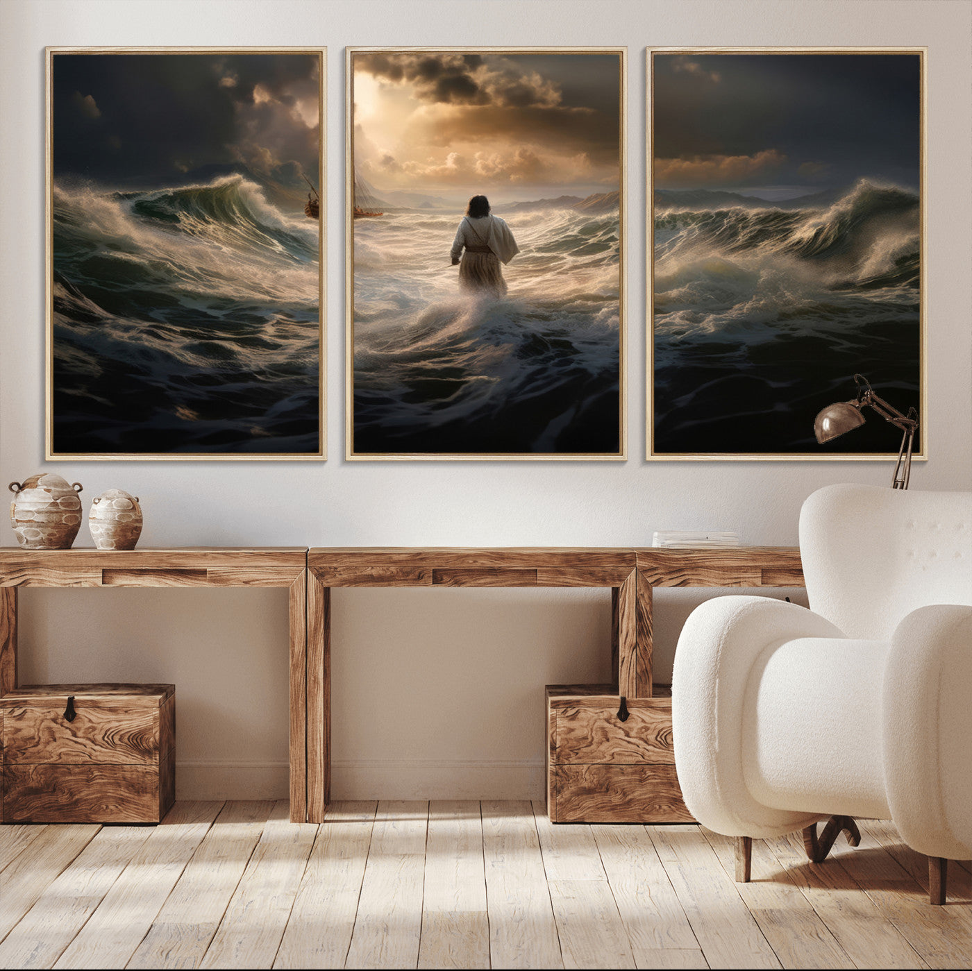MGV-FC-60X30-3P - Jesus Walking on Water Wall Art Canvas Print - Religious Spiritual Decor - Jesus Wall Art Canvas