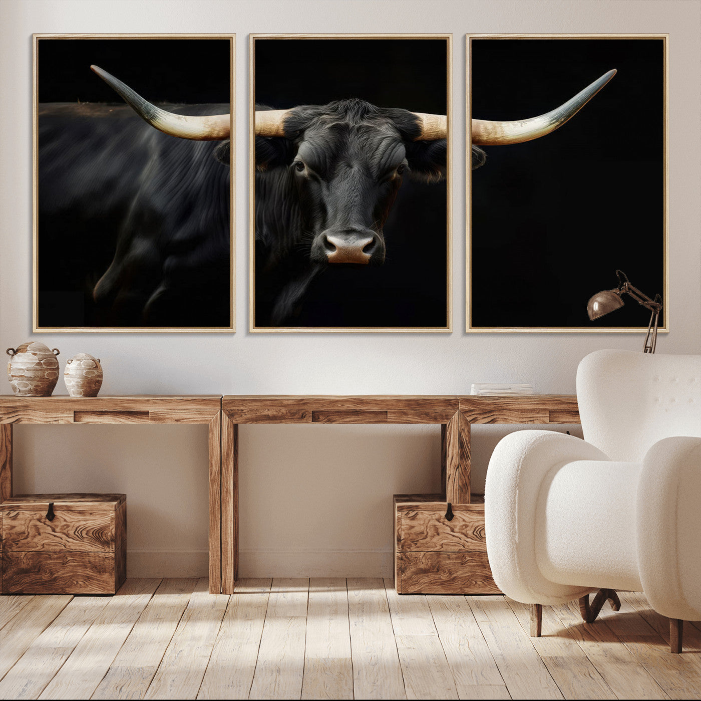 MGV-FC-60X30-3P - Texas Longhorn Cow | Majestic Black Bull Wall Art Canvas Print - Farmhouse Animal Decor - Ready to