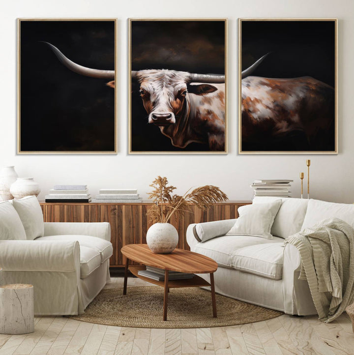 A modern kitchen featuring a Texas Longhorn Wall Art Canvas Print.