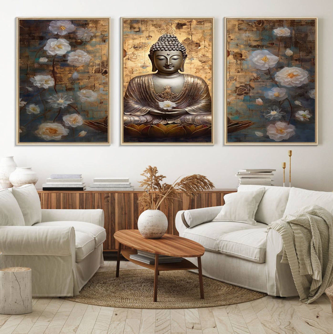 Golden Buddha wall art canvas print on a warm backdrop.