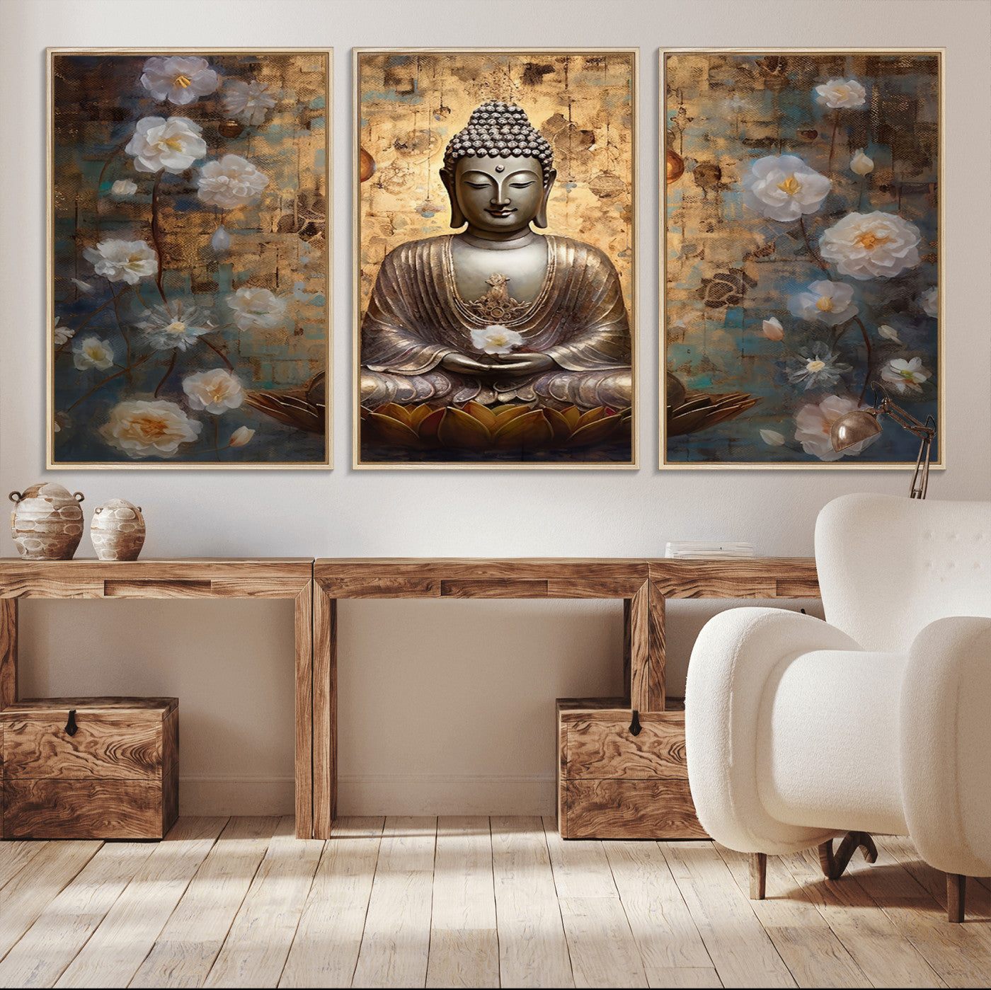 MGV-FC-60X30-3P - Golden Buddha Wall Art Canvas Print | Zen Meditation Floral Decor | Tranquil Spiritual Home Art |