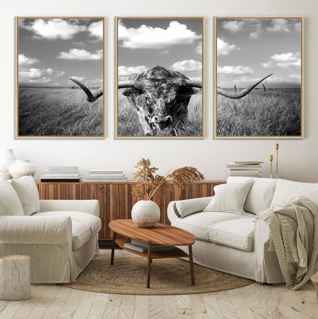 Longhorn Cow Field Canvas Print featuring rustic charm with a windmill backdrop.