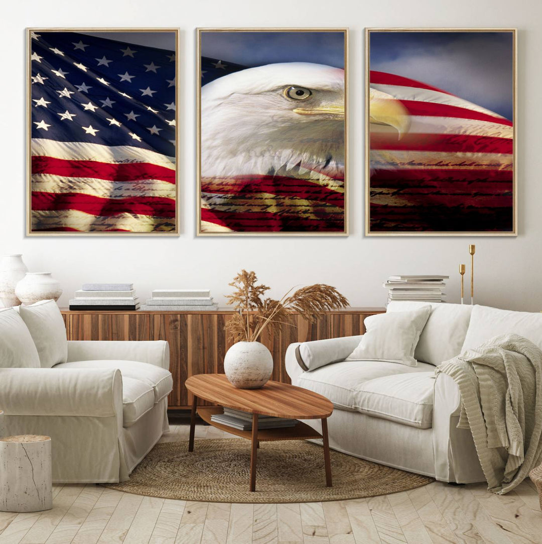 On the wall is an American Flag Eagle Symbol Wall Art Canvas Print.