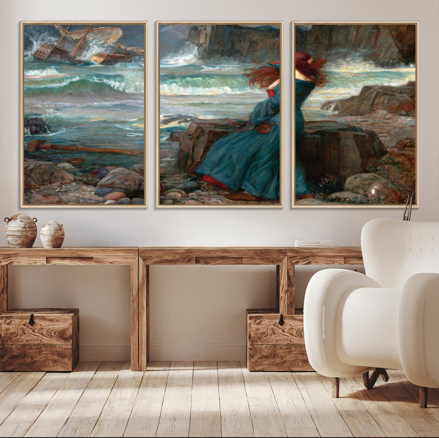 1-MGV-FC-60X30-3P_Natural-Miranda by the Shore Wall Art Canvas Print – Tempest Scene Ocean Storm – Ready to Hang