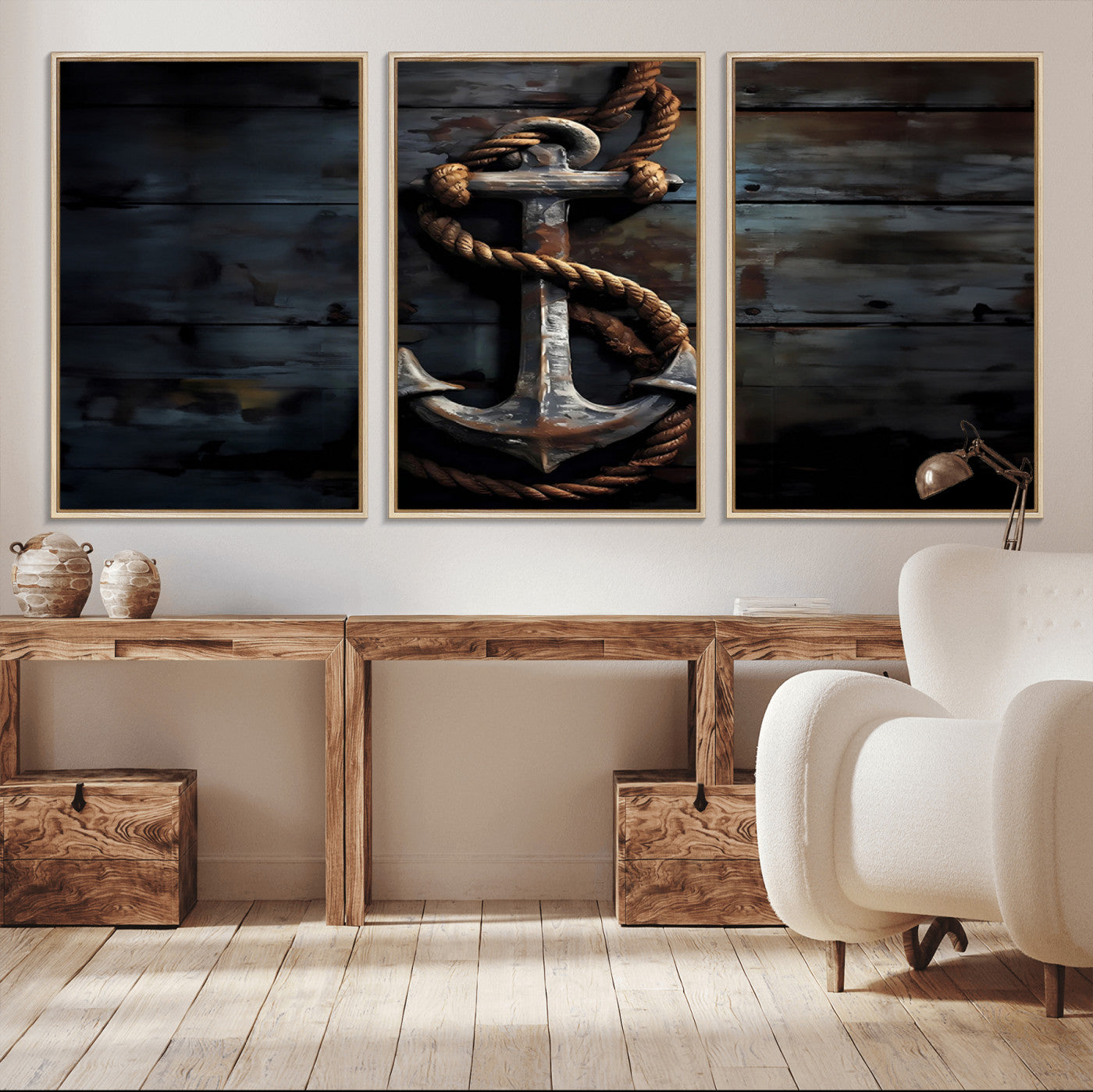 MGV-FC-60X30-3P - 3 Panel Grunge Abstract Anchor Wall Art Canvas Print Set