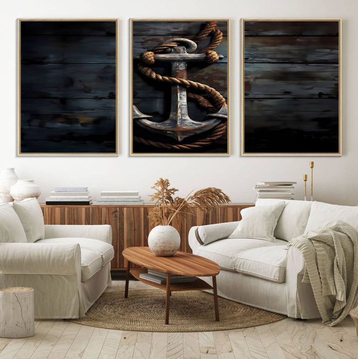 A "3 Panel Grunge Abstract Anchor Wall Art Canvas Print Set" adorns the wall, showcasing an anchor wrapped with rope. This museum-quality canvas boasts high-resolution printing and is professionally hand-assembled, elevating any space with elegance and artistic flair.