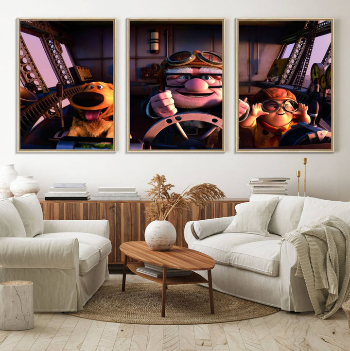 A man, boy, and dog flying a plane are depicted in the Carl Russel & Dog Movie Up wall art.