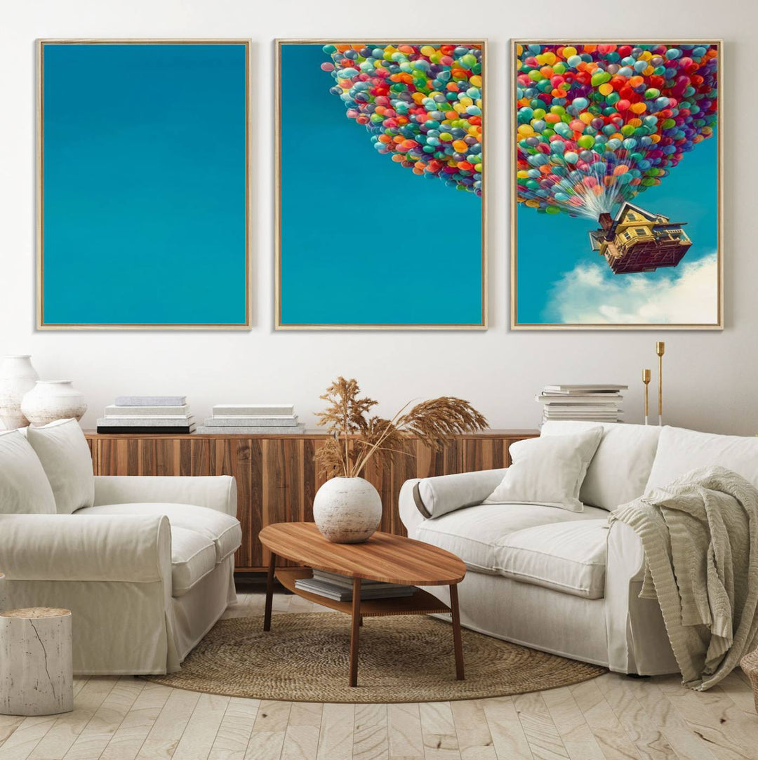 The Carl Fredricksen Up Movie Wall Art, featuring a colorful balloon house, adds vibrant decor to the space.