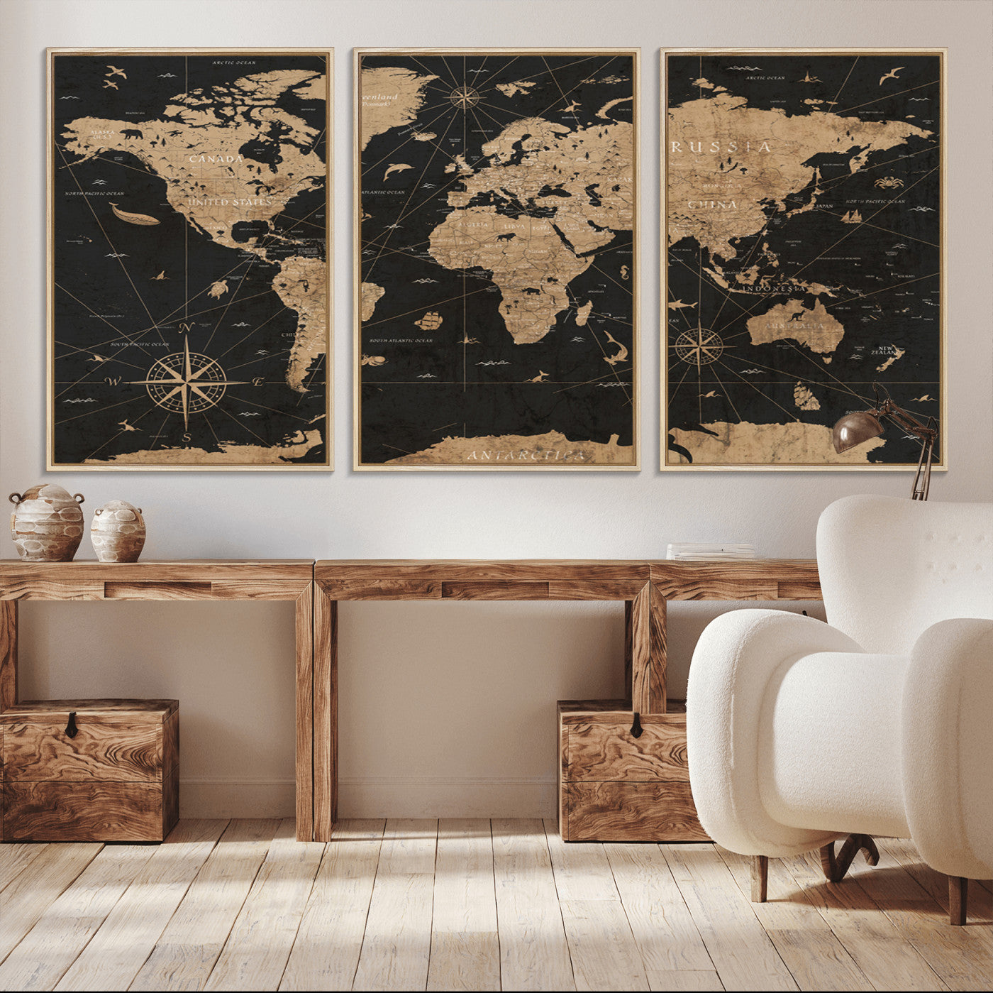 61023-MGV-FC-60X30-3P_Natural-Vintage Push Pin World Map Canvas Print – Framed Travel Tracker Wall Art, Rustic Adventure Map Gift for Home or Office Decor