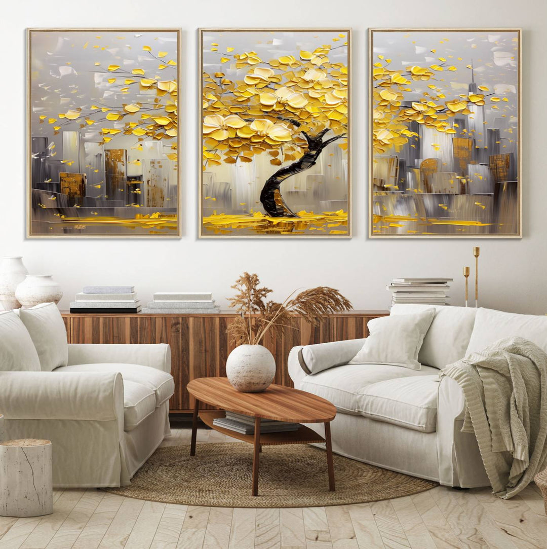 Golden Tree Canvas Print: Abstract wall art featuring golden leaves over a cityscape, ideal for modern homes. Ready to hang.