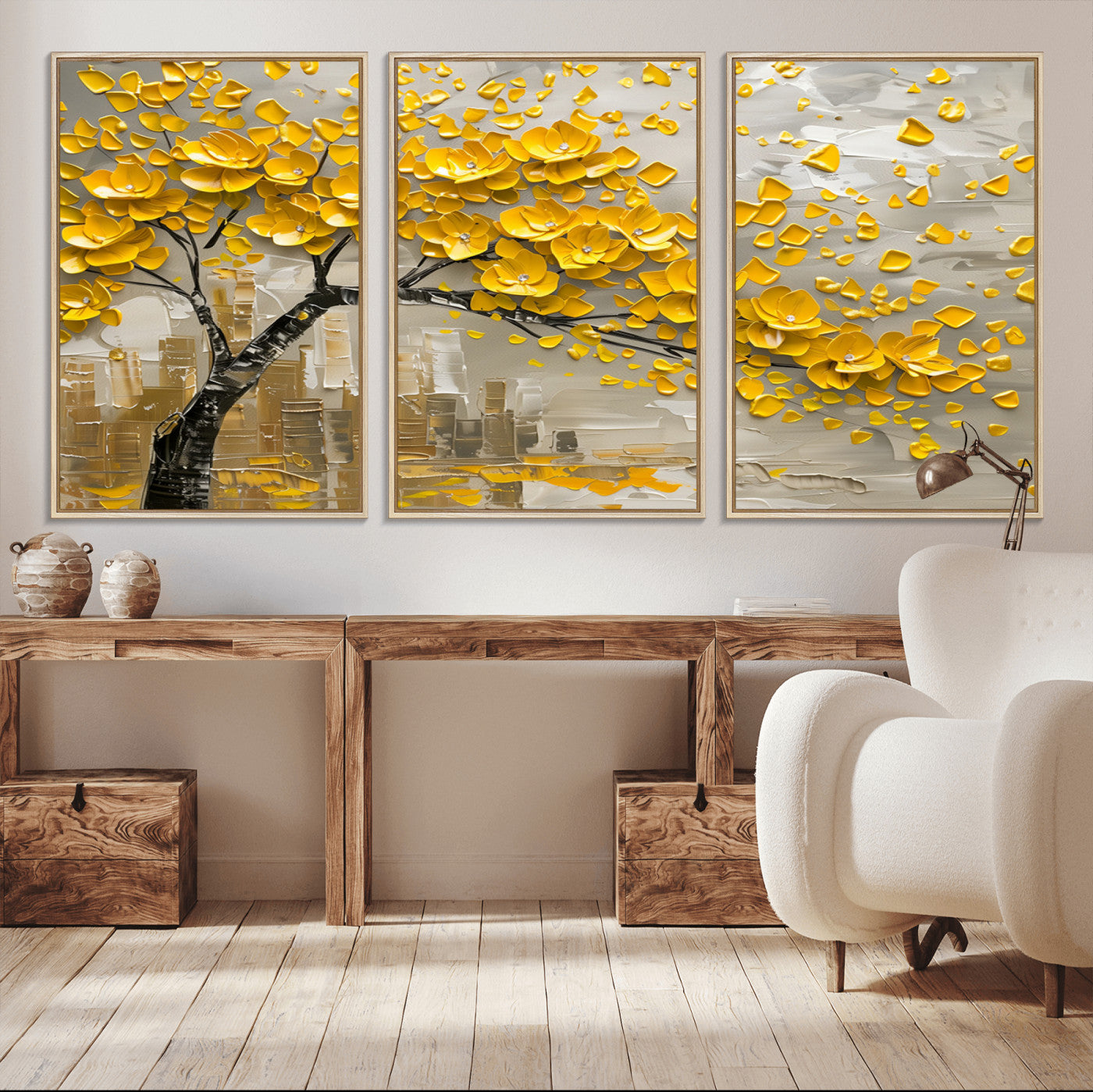 MGV-FC-60X30-3P - Yellow Blossom Tree Canvas Wall Art - Floral Abstract Modern Contemporary Artwork for Living Room or