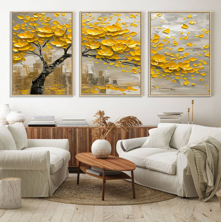 The living room showcases a Yellow Blossom Tree Canvas Wall Art, modern and floral.