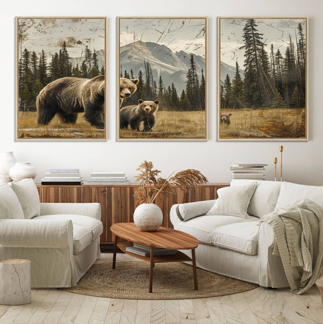 Rustic Grizzly 399: Bear Family Wall Art Canvas Print.