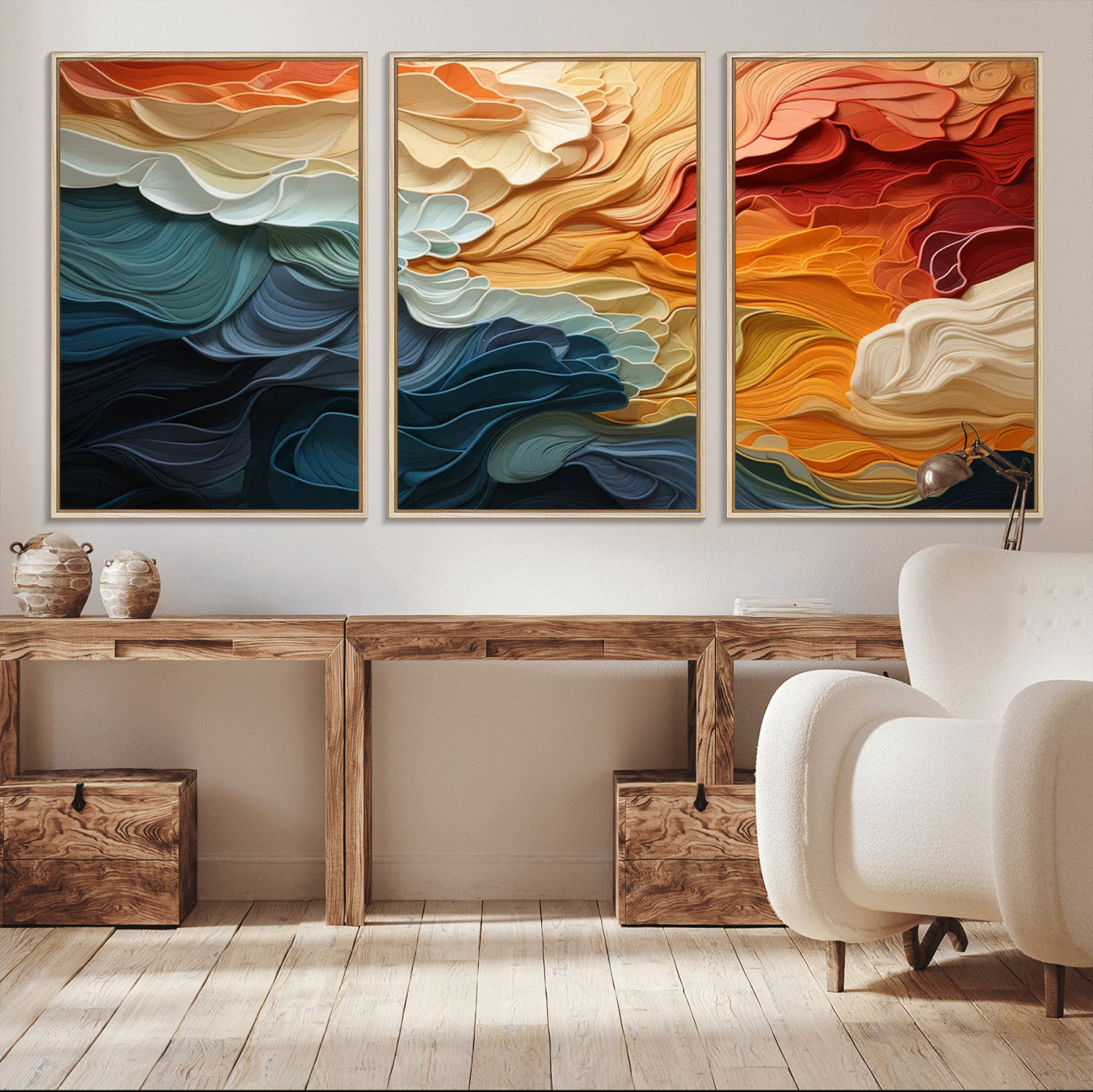 MGV-FC-60X30-3P - Blue Orange Abstract Wave Wall Art Canvas Print, Framed Blue Orange Wave Wall Art