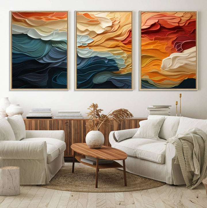 Blue Orange Abstract Wave Wall Art Canvas Print.