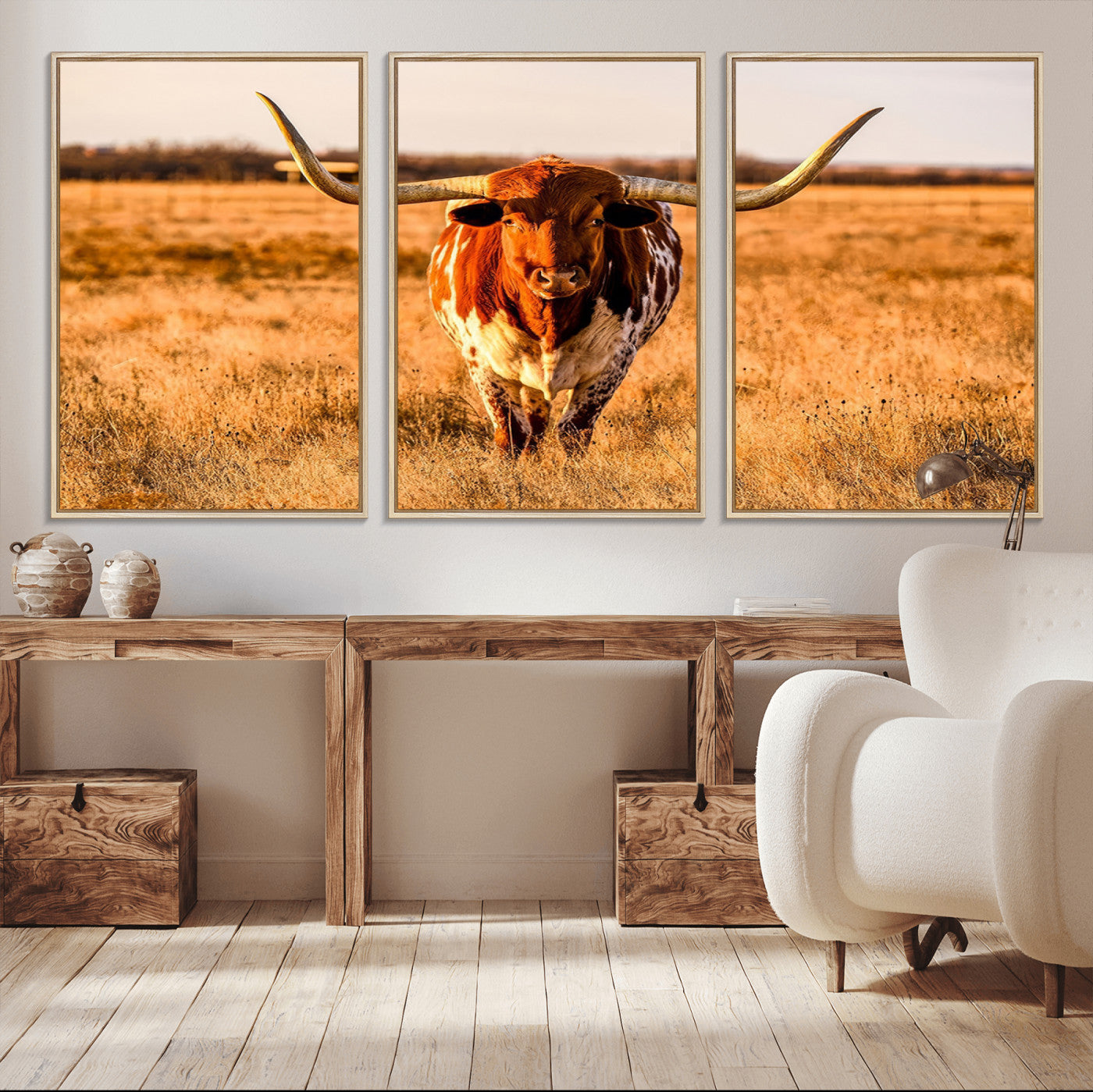 MGV-FC-60X30-3P - Longhorn Cow Wall Art | Ready to Hang Framed Canvas Print for Farmhouse and Barn Decor
