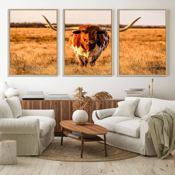 The Longhorn Cow Wall Art framed canvas brings rustic charm and farmhouse decor with its warm field scene.