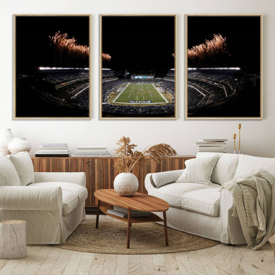 Eagles Stadium Wall Art depicting a nighttime game and fireworks at Lincoln Financial Field.