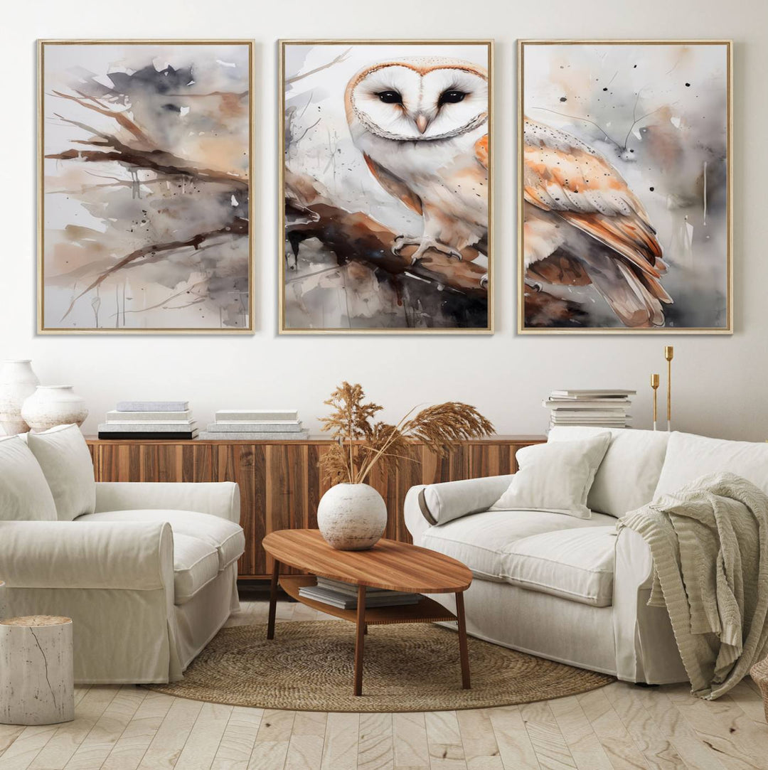 The Barn Owl Wall Art watercolor canvas adds a rustic twist to farmhouse decor.