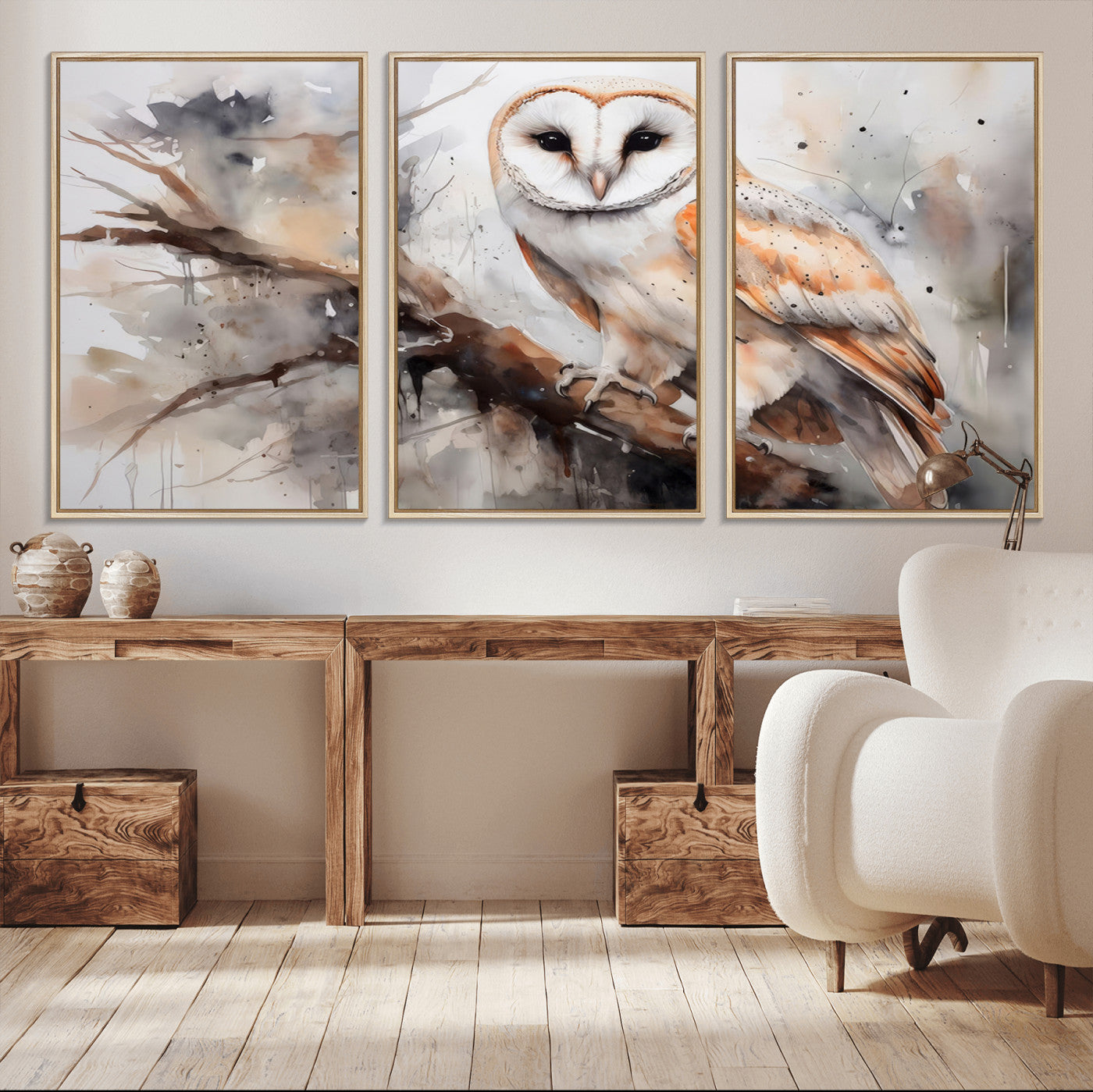 MGV-FC-60X30-3P - Barn Owl Wall Art | Watercolor Barn Owl Canvas Print | Perfect for Farmhouse Wall Decor | Ready to