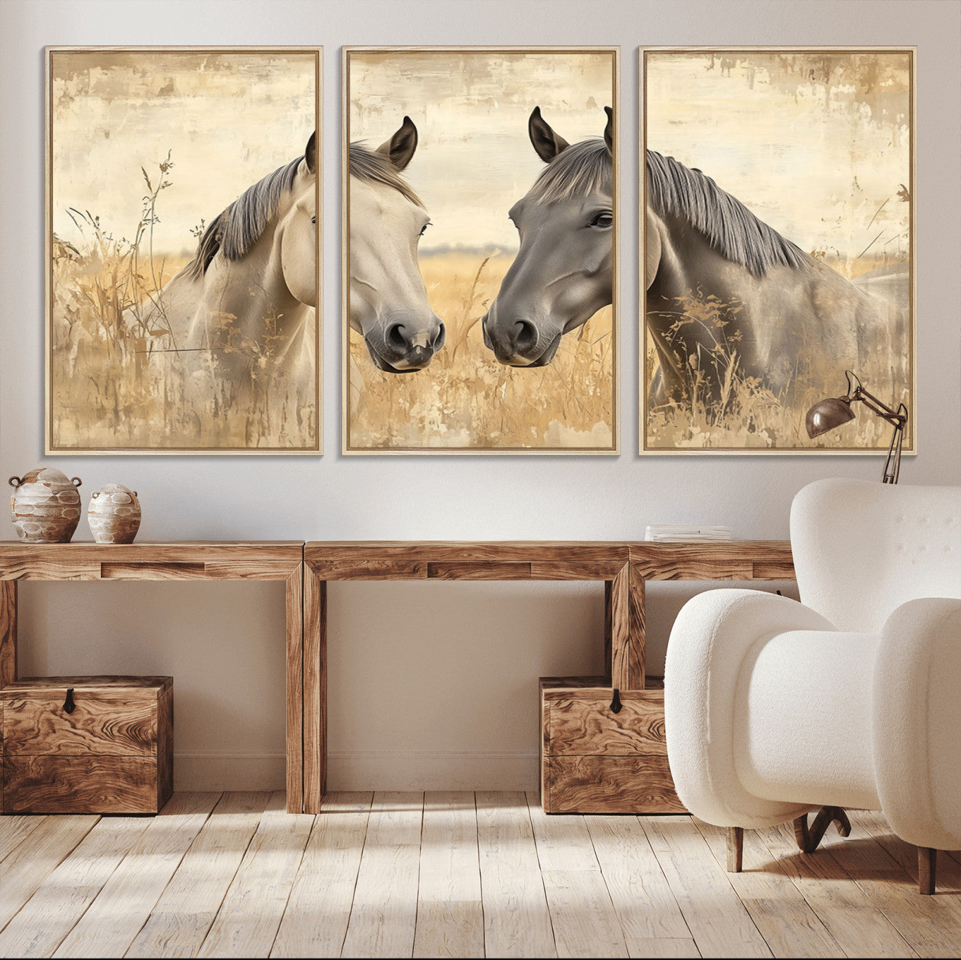 41082-MGV-FC-60X30-3P_Natural-Chines Ink Style Grunge Horses Wall Art Canvas Print