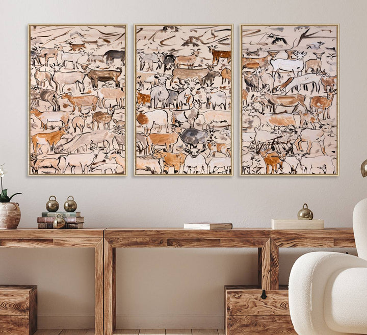 Framed Goat Herd Wall Art in minimal brush strokes on a beige backdrop, ideal for farmhouse or cabin decor.