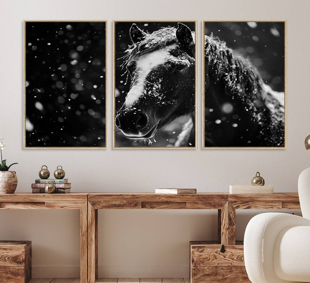 The Winter Horse Wall Art showcases a gentle horse print with snowflakes, ideal for rustic farmhouse or cabin decor.