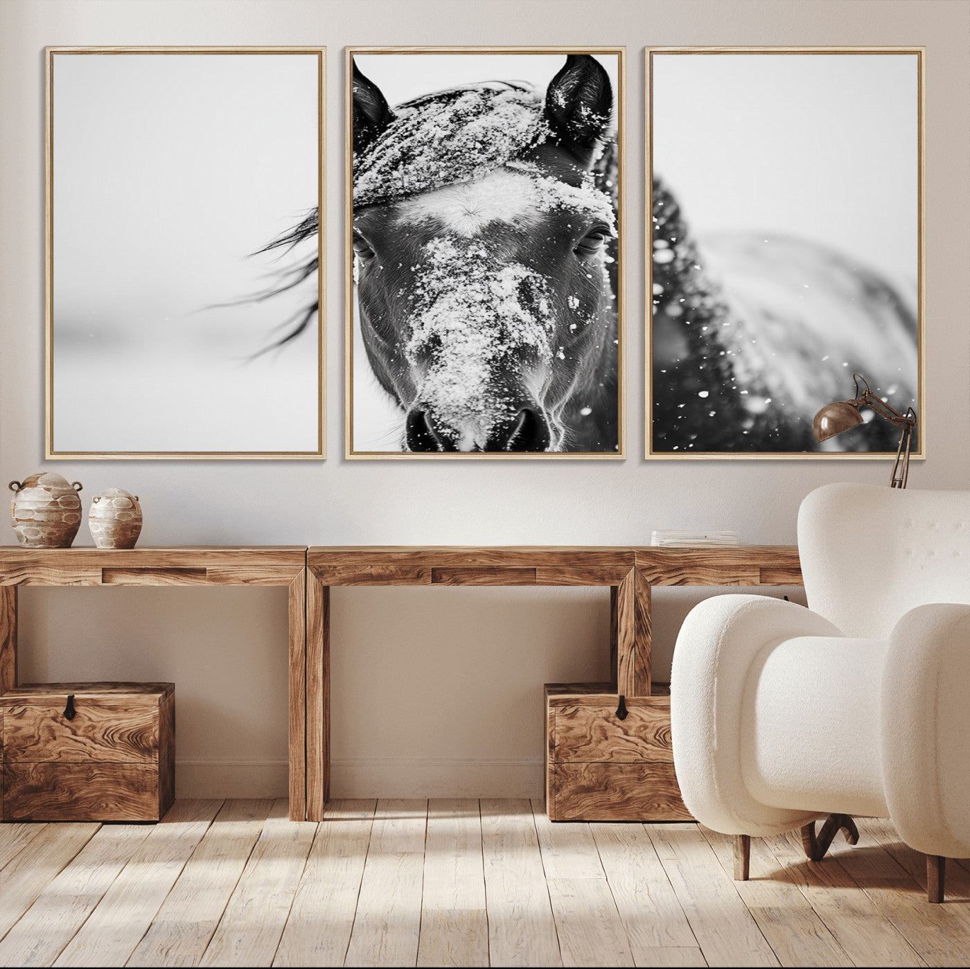 MGV-FC-60X30-3P - Western Wall Art | Black and White Winter Horse Wall Art | Ready to Hang and Framed | Farmhouse and