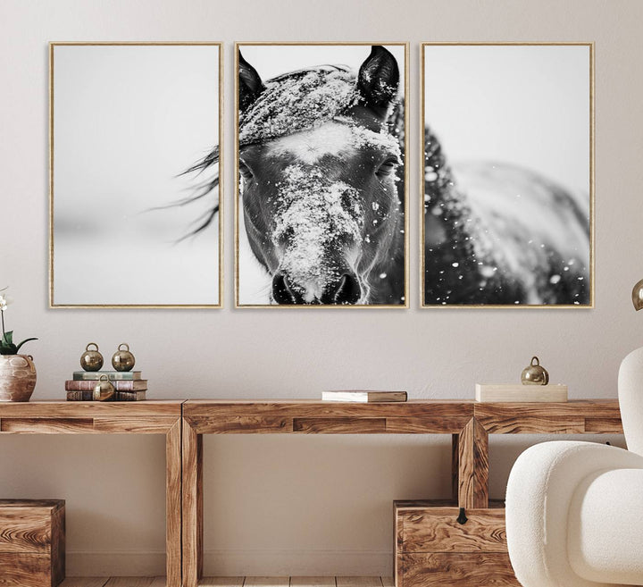 This black and white winter horse wall art enhances any decor; it is ready to hang and framed for a farmhouse or Western style.