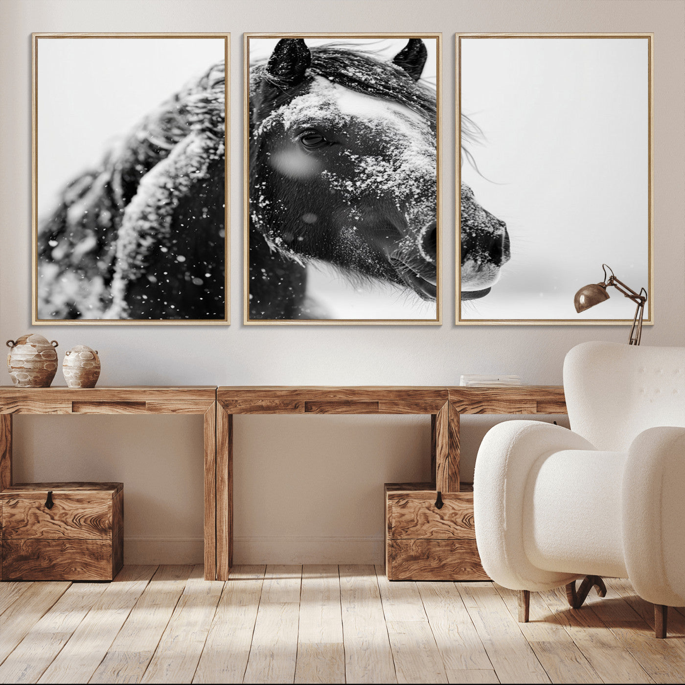 MGV-FC-60X30-3P - Winter Horse Canvas Print | Large 3-Panel Black White Equine Photography for Rustic Farmhouse Wall