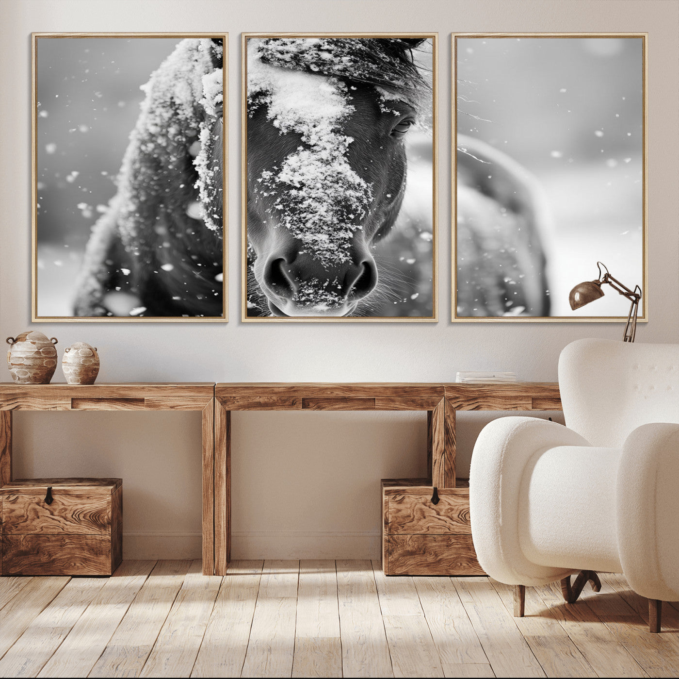 72248-MGV-FC-60X30-3P_Natural-Black and White Horse Winter Wall Art | Ready to Hang and Framed | Farmhouse Wall Decor | Western