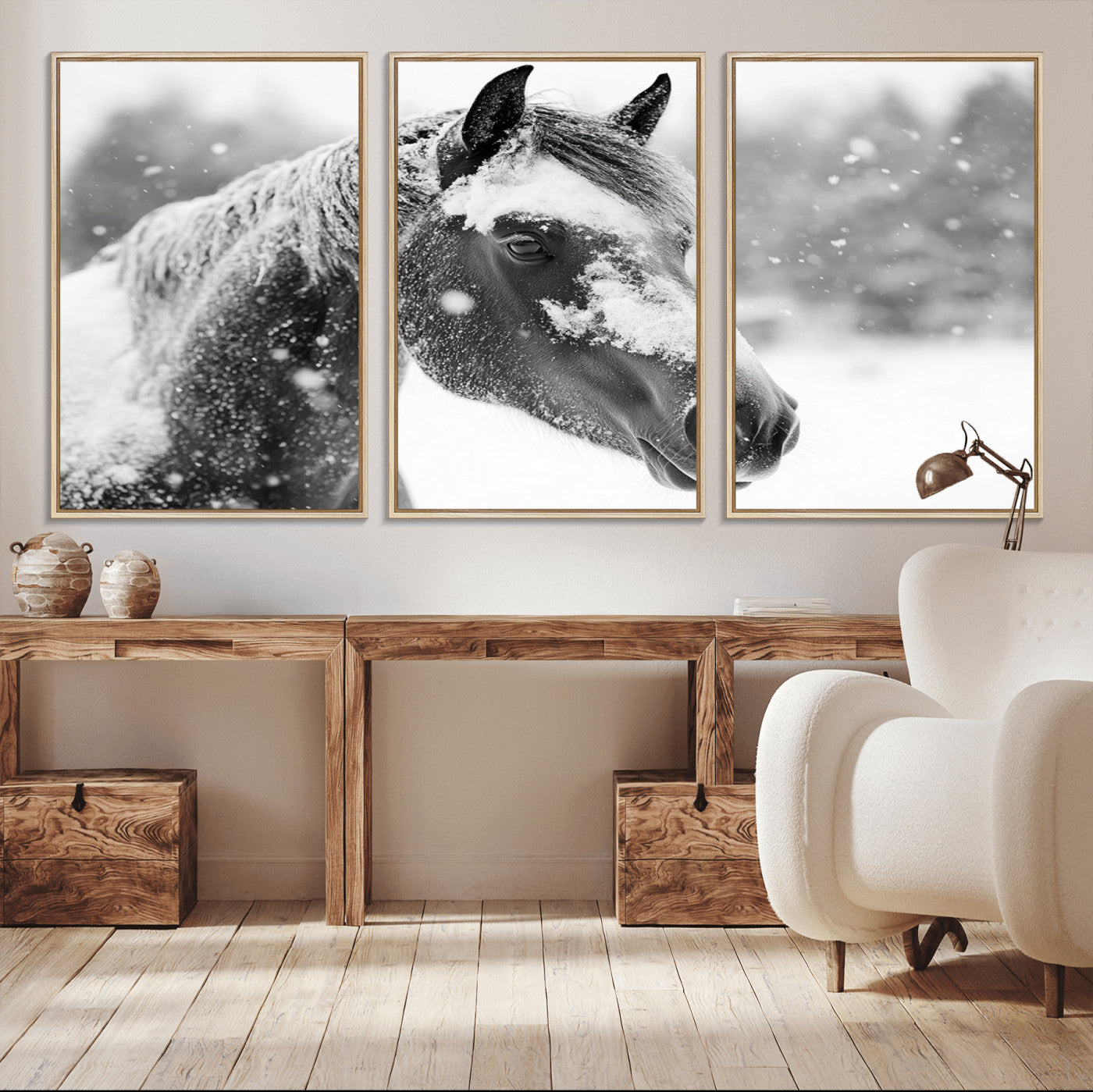 13358-MGV-CV-36X24-Black Horse Winter Wall Art | Ready to Hang and Framed | Farmhouse and Western Wall Decor for Living