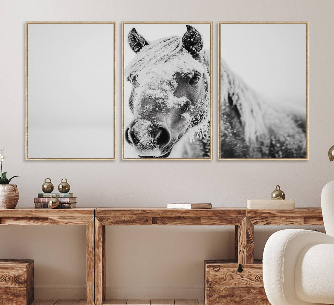 White Horse Wall Art: A black and white photo of a snow-covered horse, framed and ready to hang for farmhouse decor.