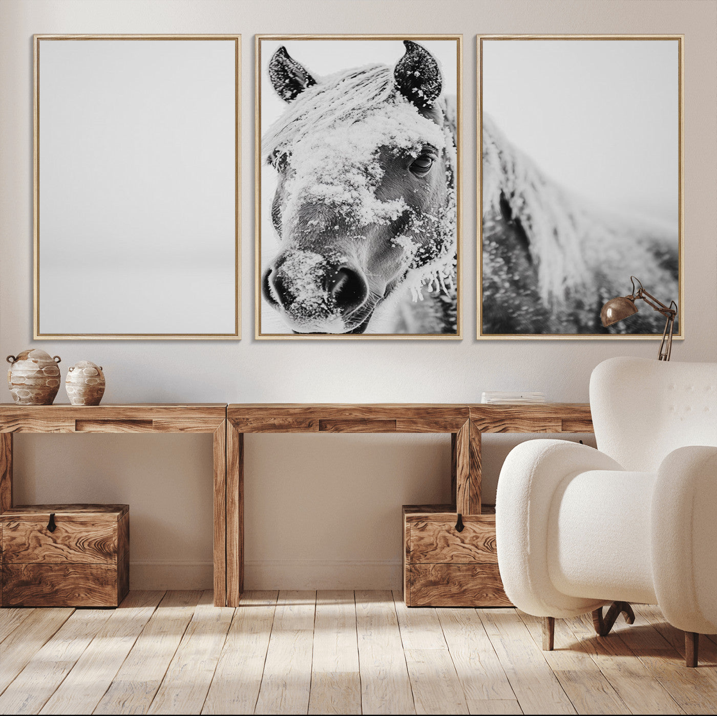 MGV-FC-60X30-3P - White Horse Wall Art | Ready to Hang and Framed | Winter Horse Wall Art Print for Farmhouse and