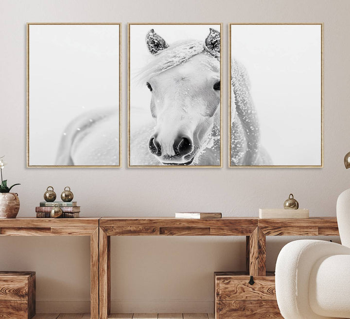 The dining room features the Majestic White Horse Wall Art, adding to its rustic charm.